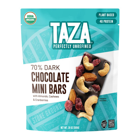 Taza Chocolate 70% Dark mini snack bars with almonds cashews & cranberries