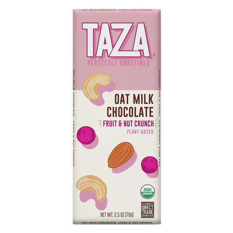 Taza Oat Milk Chocolate Bar, Fruit & Nut, smooth creamy dairy free chocolate